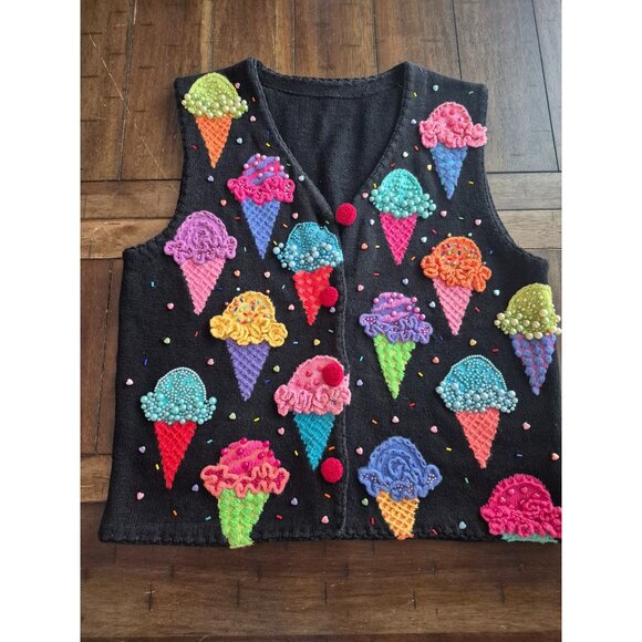 Ice Cream Cone-Themed Hand-Knit Vest With Colorful Embellishments & Red Button - Picture 1 of 6